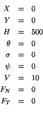 \begin{eqnarray*}
X &=& 0\\
Y &=& 0\\
H &=& 500\\
\theta &=& 0\\
\sigma &=& 0\\
\psi &=& 0\\
V &=& 10\\
F_{N} &=& 0\\
F_{T} &=& 0\\
\\
\end{eqnarray*}