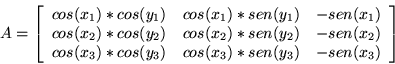 \begin{displaymath}
A = \left[
\begin{array}{cc cc}
cos(x_1)*cos(y_1) & cos(x_1...
...os(y_3) & cos(x_3)*sen(y_3) & -sen(x_3) \\
\end{array}\right]\end{displaymath}